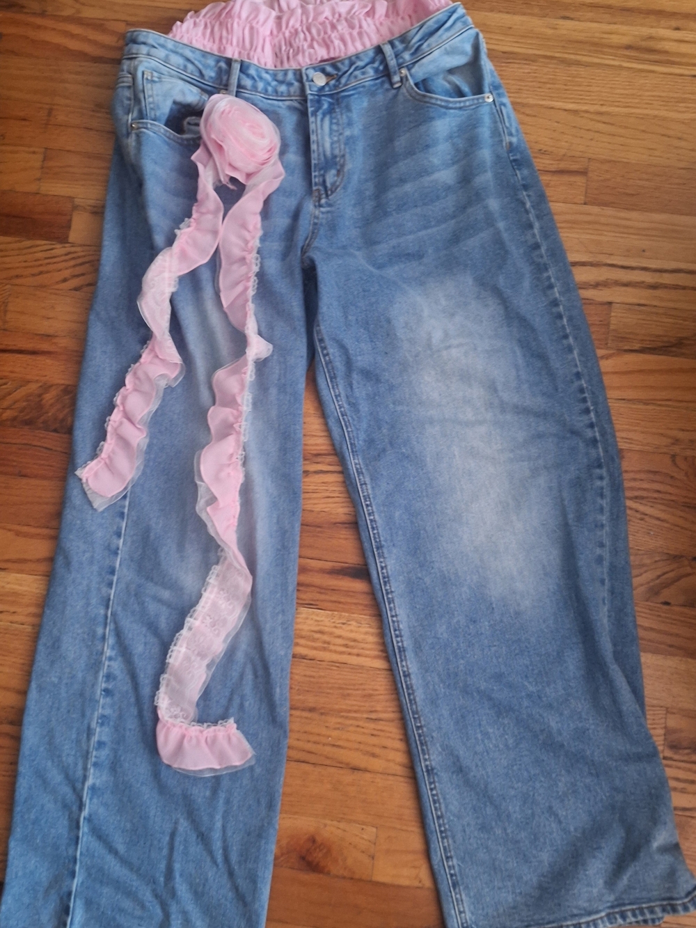 AKIRA Light Blue Boyfriend Jeans with Pink Ruffle Waist